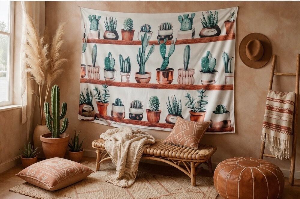 Cactus Whispers + Desert Blooms oversized succulent wall hanging tapestry